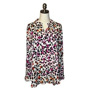 Chico's Animal Print Blouse Pink Colorful Button Down Leopard Top 2 12/14